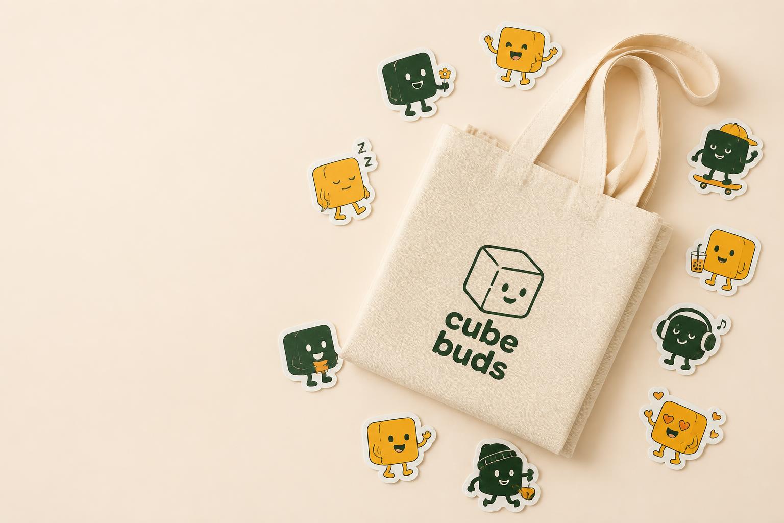 Canvas tote bag surrounded by cube character vinyl stickers